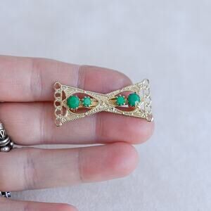 Vintage Filigree Bar Brooch Green Cabochons Pin Clasp Gift Keepsake